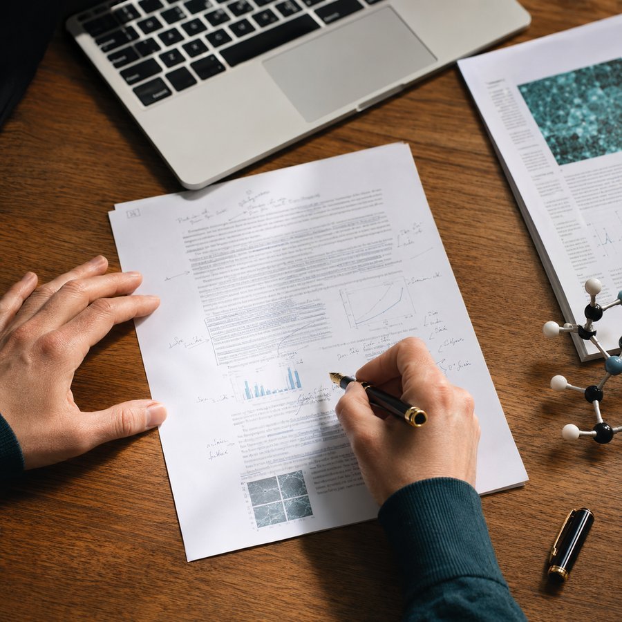 A scientific manuscript being reviewed beside a molecular model